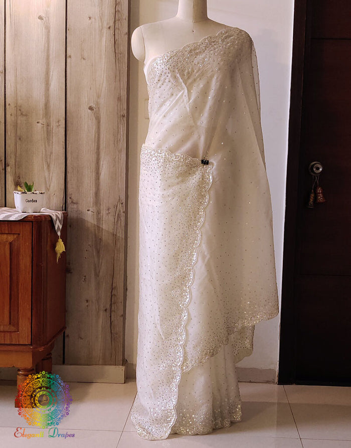 Off White Pure Organza Silk Handwork Saree – Handloom Saree Online India | Elegantt Drapes