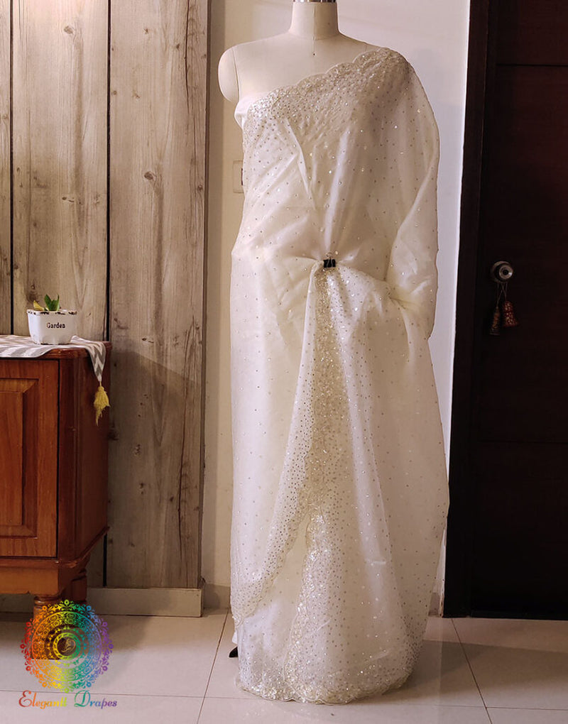 Off White Pure Organza Silk Handwork Saree – Handloom Saree Online India | Elegantt Drapes