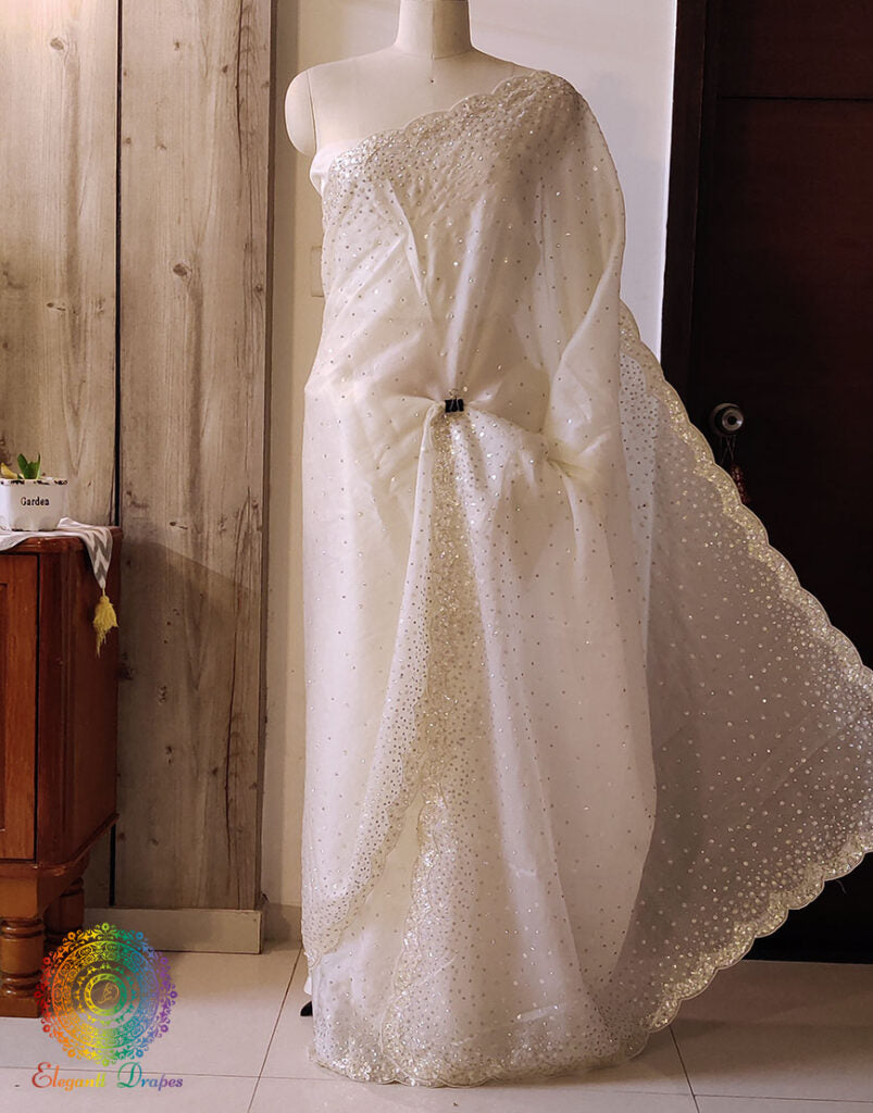 Off White Pure Organza Silk Handwork Saree – Handloom Saree Online India | Elegantt Drapes