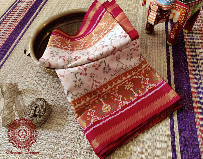 Handwoven White Pure Mulberry Silk Rajkot Patola Saree – Handloom Saree Online India | Elegantt Drapes