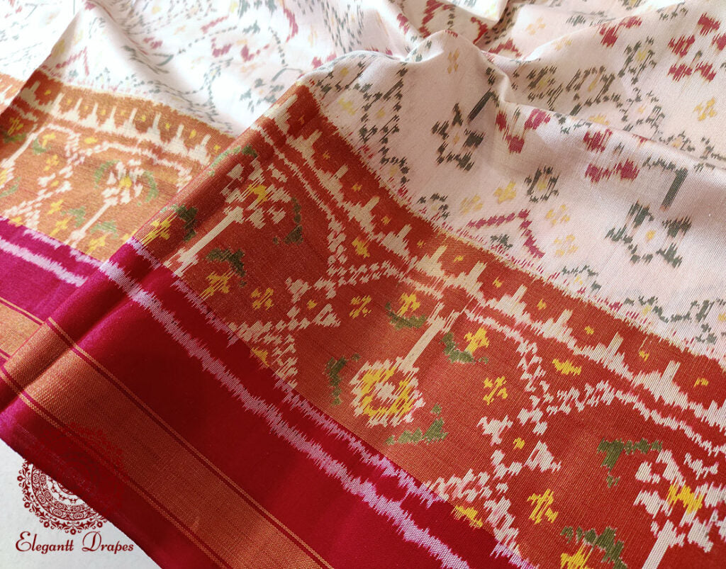 Handwoven White Pure Mulberry Silk Rajkot Patola Saree – Handloom Saree Online India | Elegantt Drapes