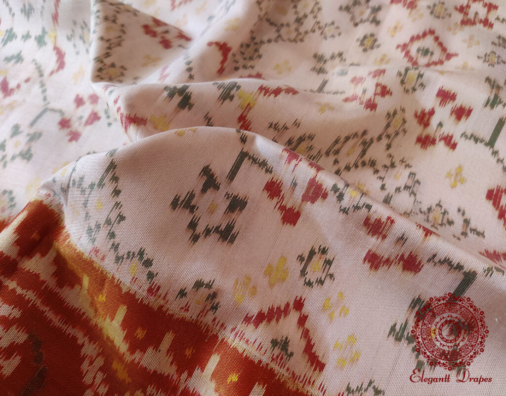 Handwoven White Pure Mulberry Silk Rajkot Patola Saree – Handloom Saree Online India | Elegantt Drapes