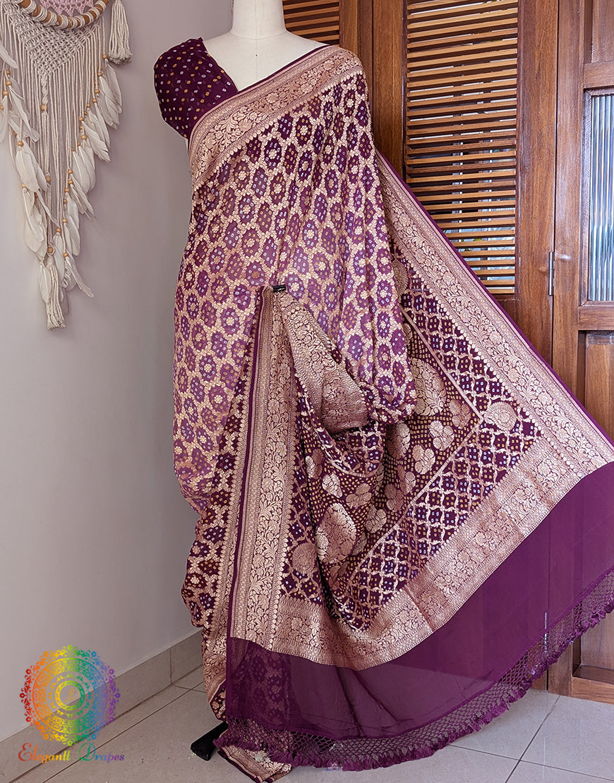 Wine Banarasi Bandhani Khaddi Georgette Saree – Bandhani Saree Online India | Elegantt Drapes