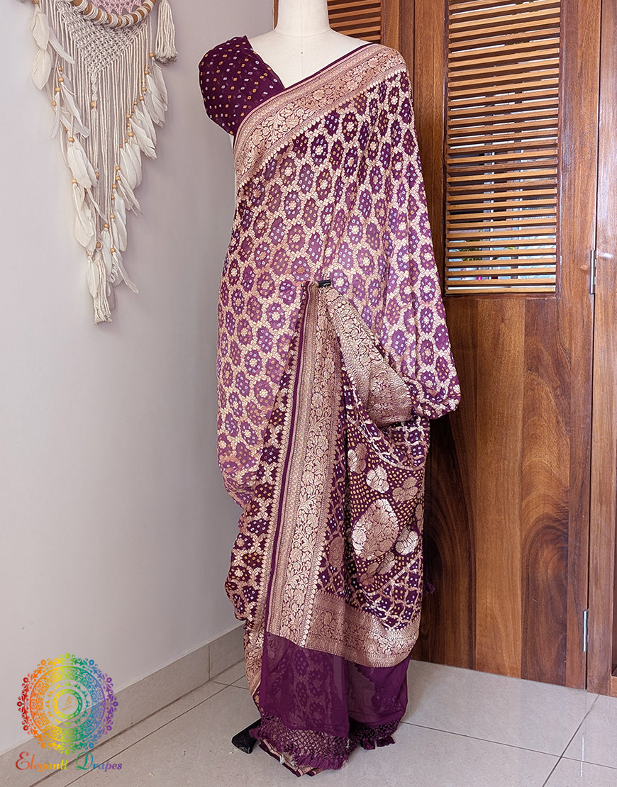 Wine Banarasi Bandhani Khaddi Georgette Saree – Bandhani Saree Online India | Elegantt Drapes