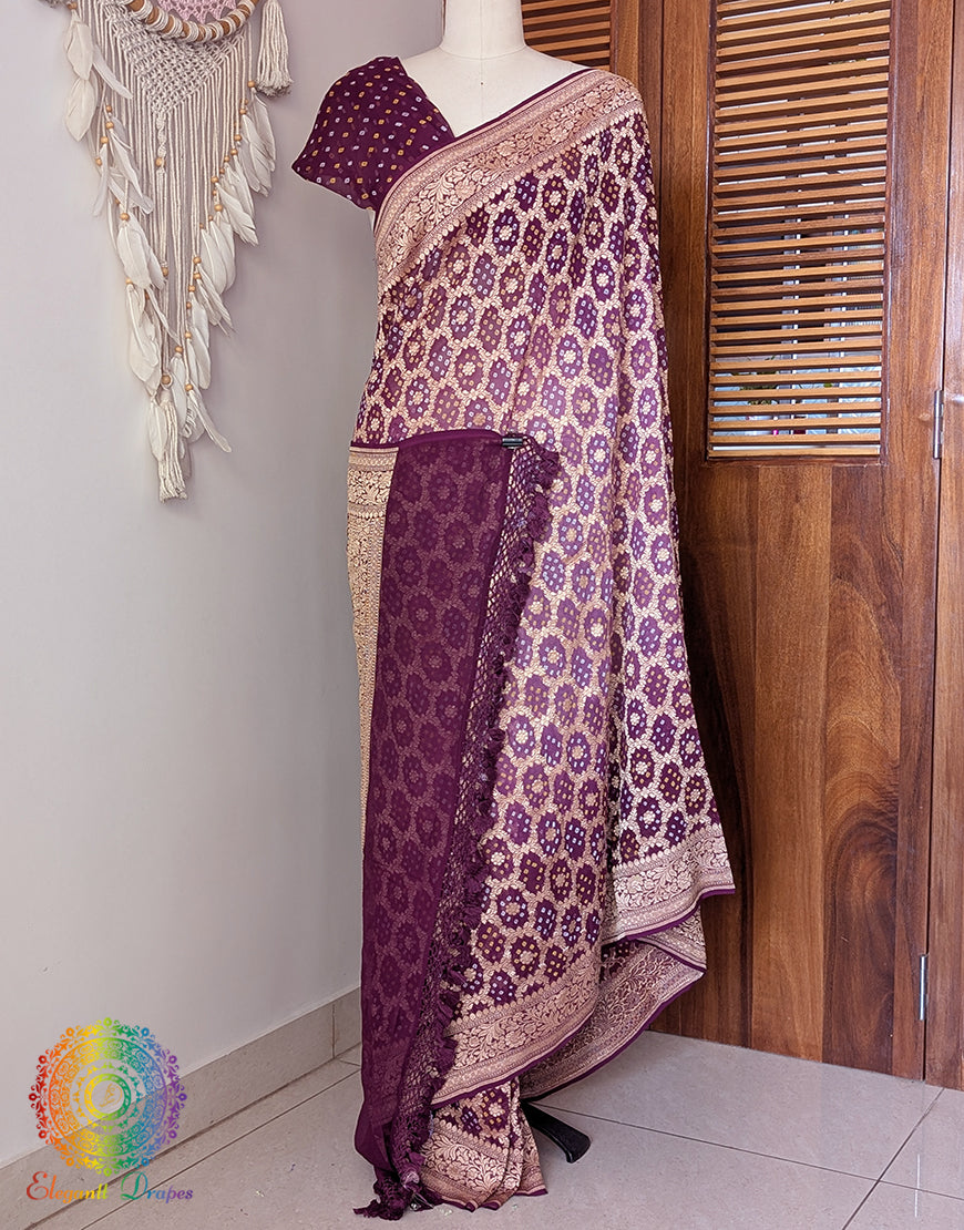 Wine Banarasi Bandhani Khaddi Georgette Saree – Bandhani Saree Online India | Elegantt Drapes