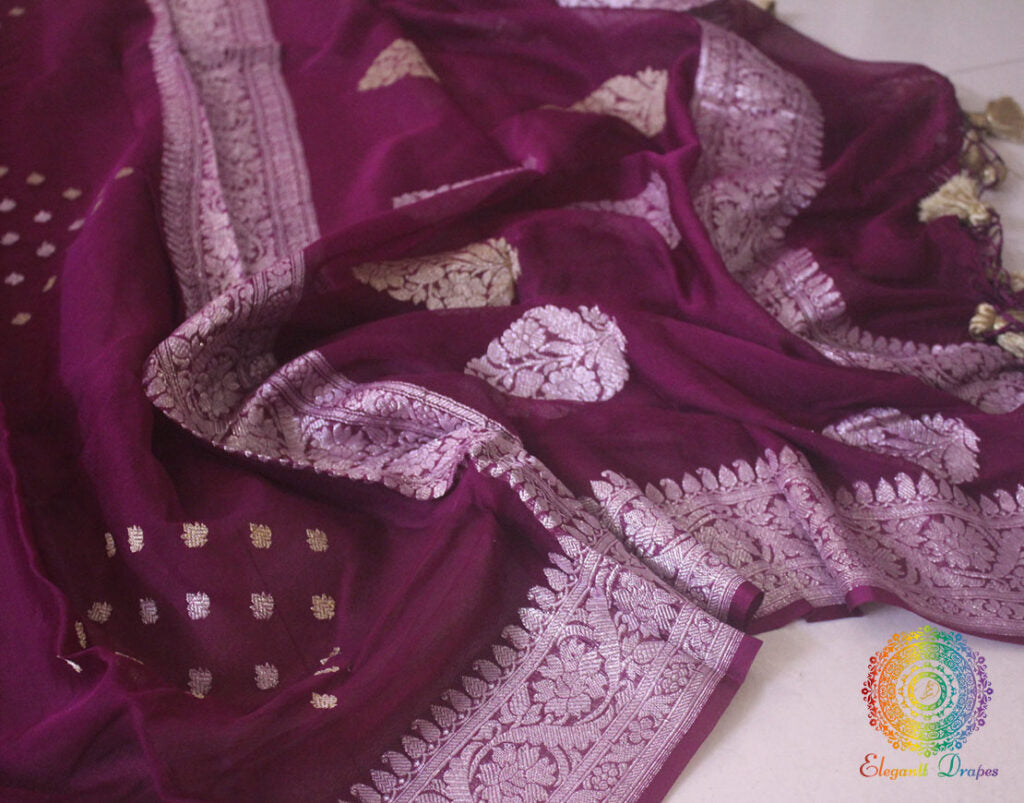 Wine Banarasi Handloom Khaddi Georgette Kadhuwa Saree – Handloom Saree Online India | Elegantt Drapes