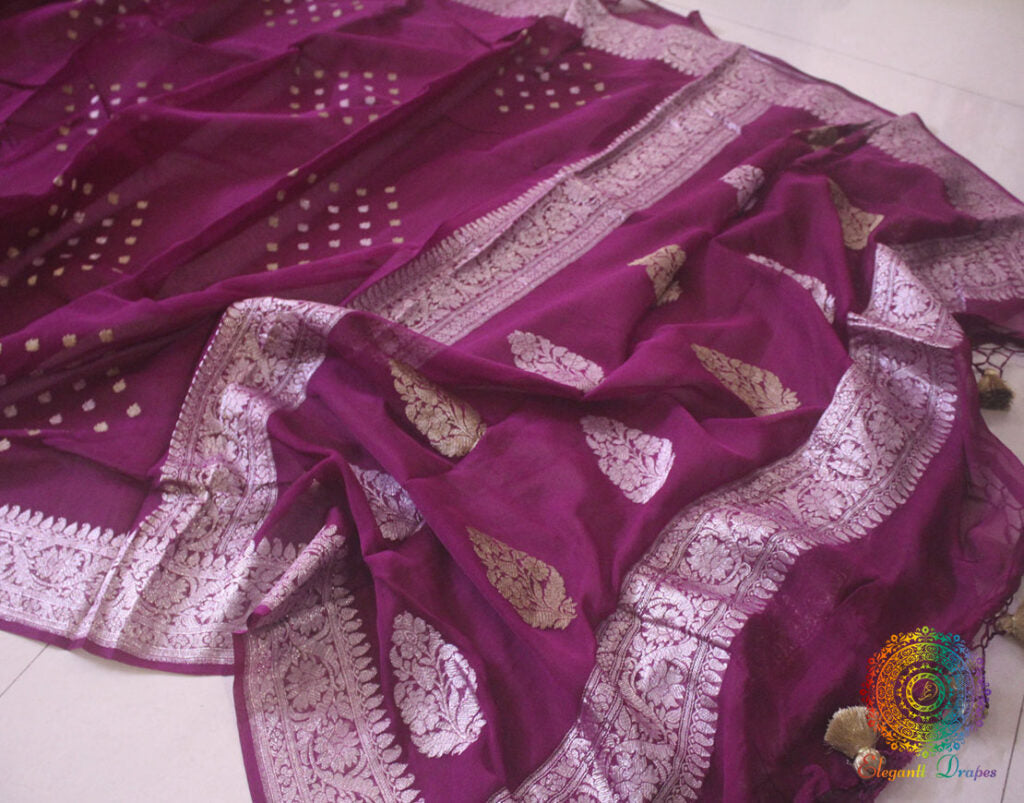 Wine Banarasi Handloom Khaddi Georgette Kadhuwa Saree – Handloom Saree Online India | Elegantt Drapes