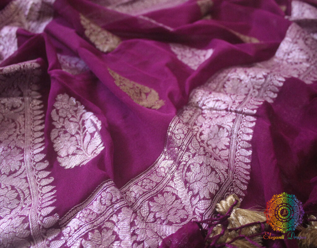Wine Banarasi Handloom Khaddi Georgette Kadhuwa Saree – Handloom Saree Online India | Elegantt Drapes