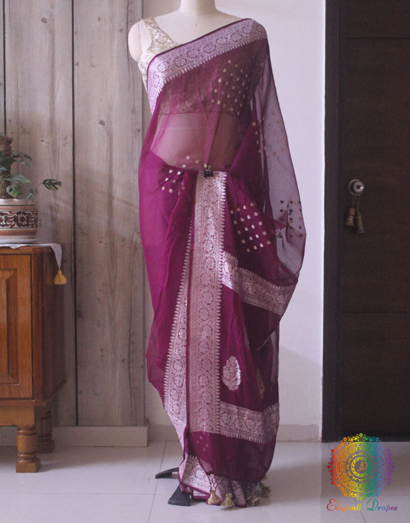 Wine Banarasi Handloom Khaddi Georgette Kadhuwa Saree – Handloom Saree Online India | Elegantt Drapes
