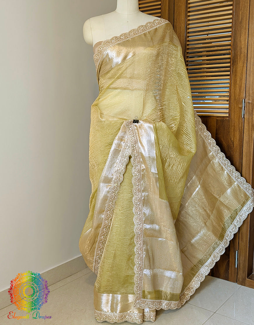 Yellow Pure Banarasi Crushed Tissue Silk Saree – Handloom Saree Online India | Elegantt Drapes