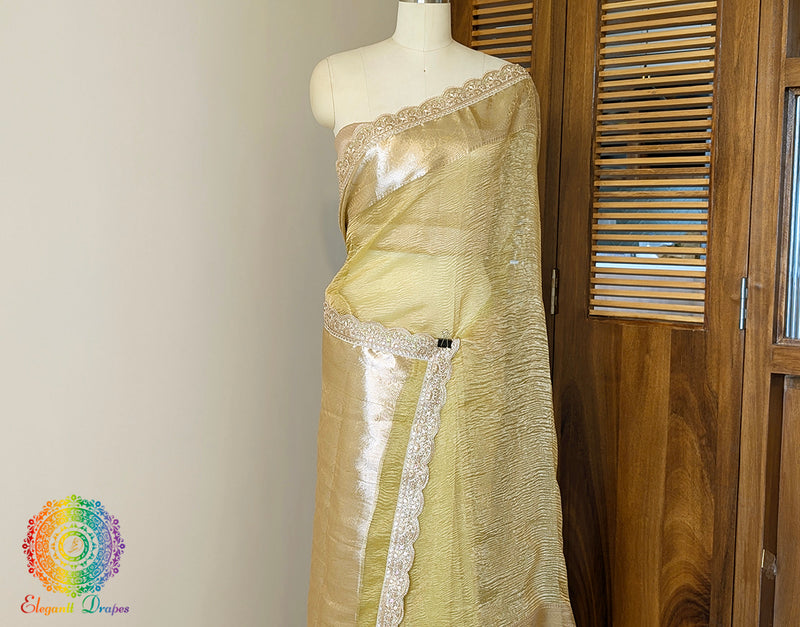 Yellow Pure Banarasi Crushed Tissue Silk Saree – Handloom Saree Online India | Elegantt Drapes