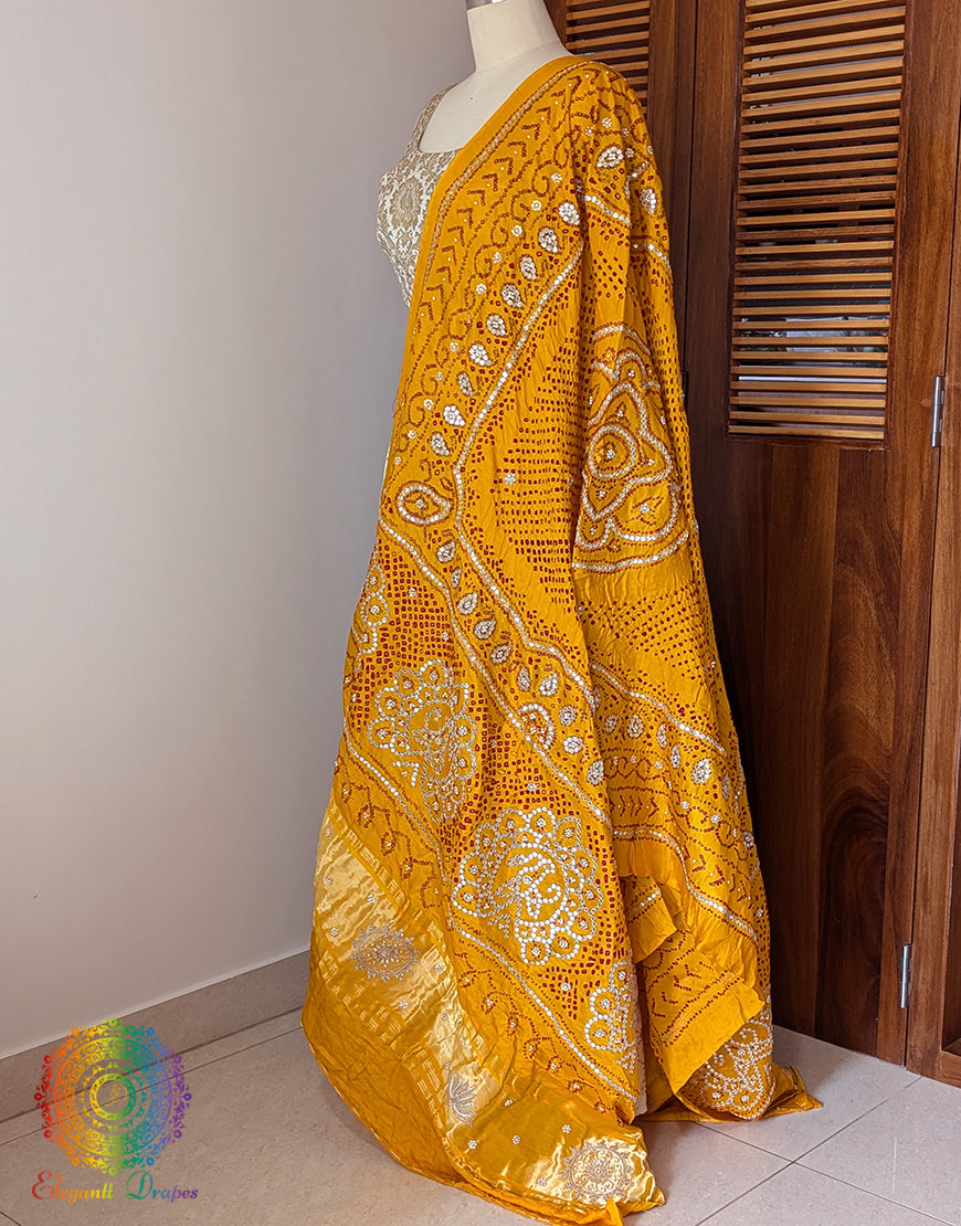 Yellow Gaji Silk Bandhani Gota Handwork Dupatta – Bandhani Saree Online India | Elegantt Drapes