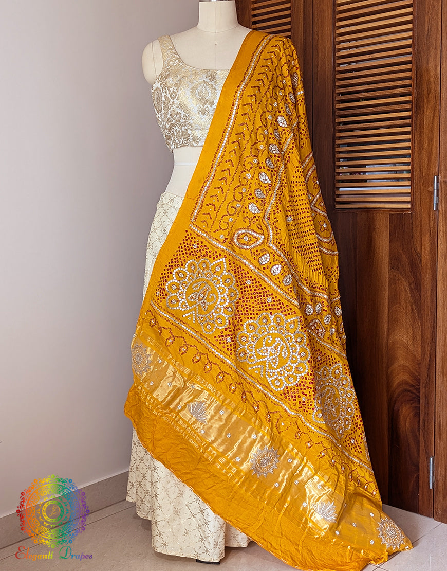 Yellow Gaji Silk Bandhani Gota Handwork Dupatta – Bandhani Saree Online India | Elegantt Drapes