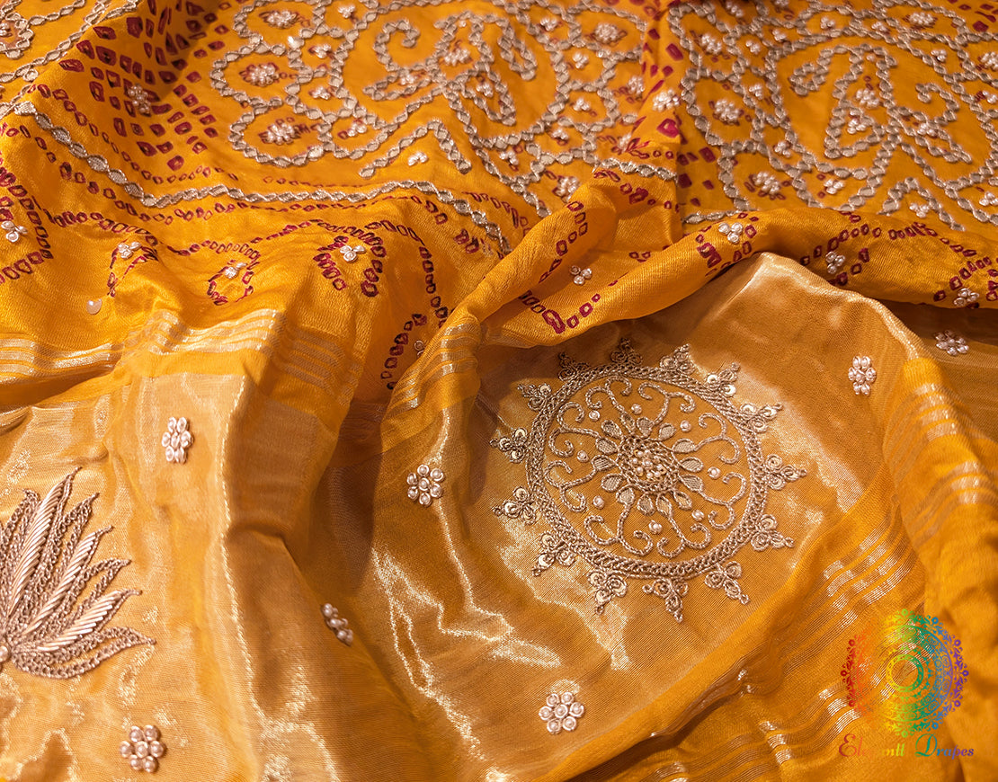 Yellow Gaji Silk Bandhani Gota Handwork Dupatta – Bandhani Saree Online India | Elegantt Drapes
