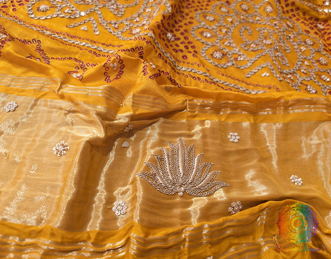 Yellow Gaji Silk Bandhani Gota Handwork Dupatta – Bandhani Saree Online India | Elegantt Drapes