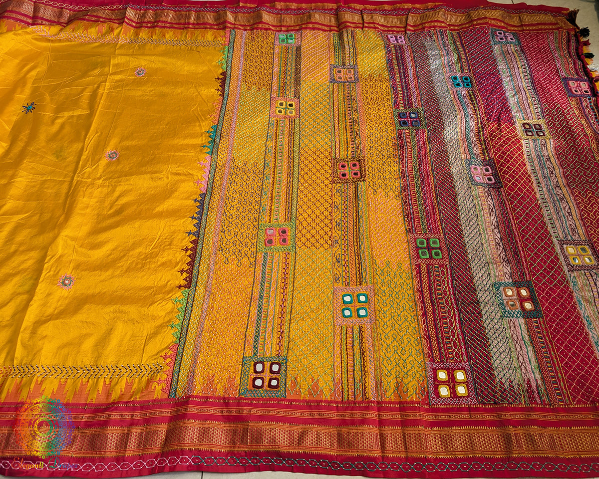 Marigold Yellow Lambani Handwork Pure Ilkal Silk Saree – Ilkal Handloom Saree Online India | Elegantt Drapes