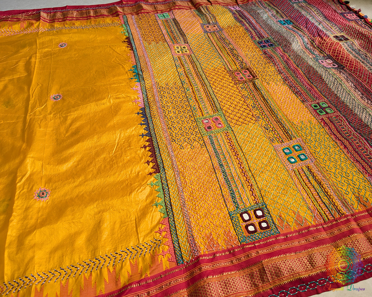 Marigold Yellow Lambani Handwork Pure Ilkal Silk Saree – Ilkal Handloom Saree Online India | Elegantt Drapes
