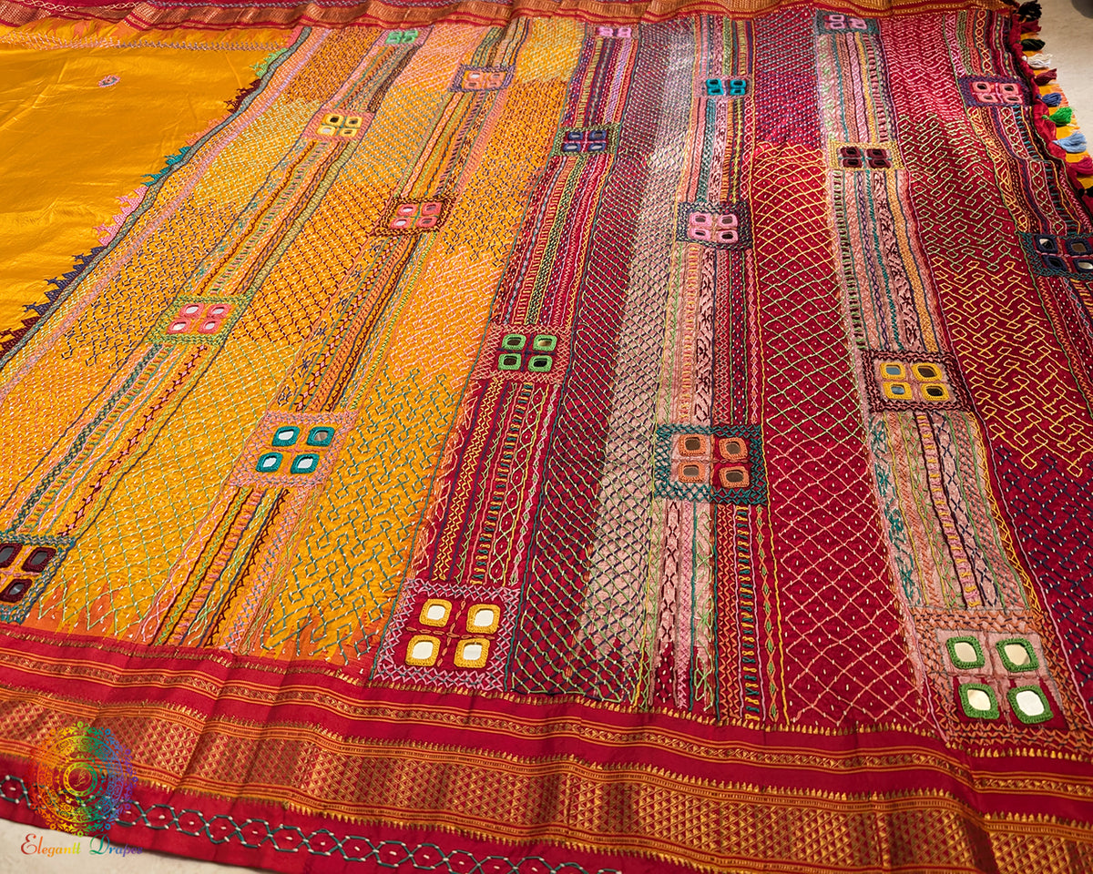 Marigold Yellow Lambani Handwork Pure Ilkal Silk Saree – Ilkal Handloom Saree Online India | Elegantt Drapes