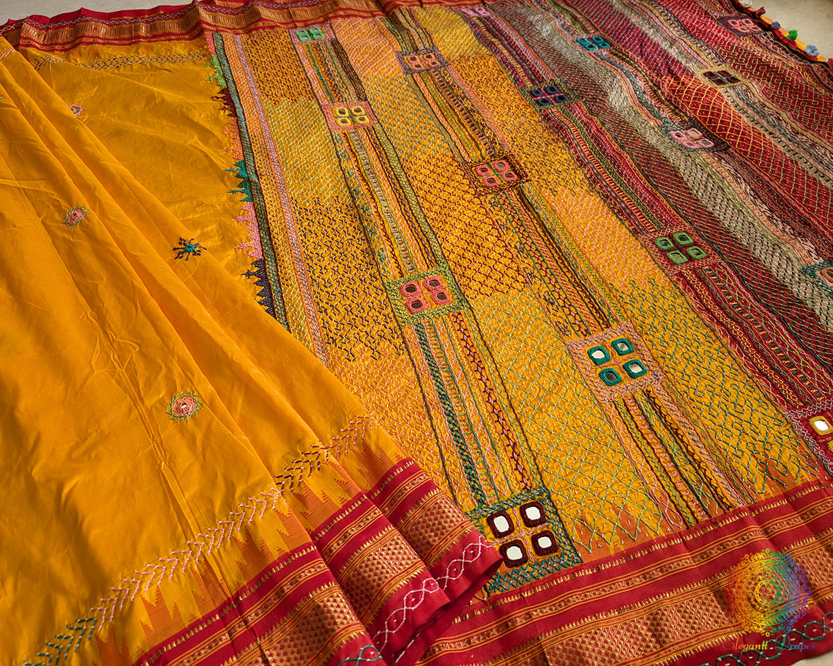 Marigold Yellow Lambani Handwork Pure Ilkal Silk Saree – Ilkal Handloom Saree Online India | Elegantt Drapes