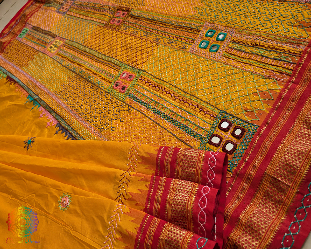 Marigold Yellow Lambani Handwork Pure Ilkal Silk Saree – Ilkal Handloom Saree Online India | Elegantt Drapes