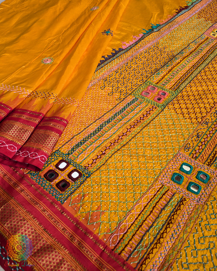 Marigold Yellow Lambani Handwork Pure Ilkal Silk Saree – Ilkal Handloom Saree Online India | Elegantt Drapes