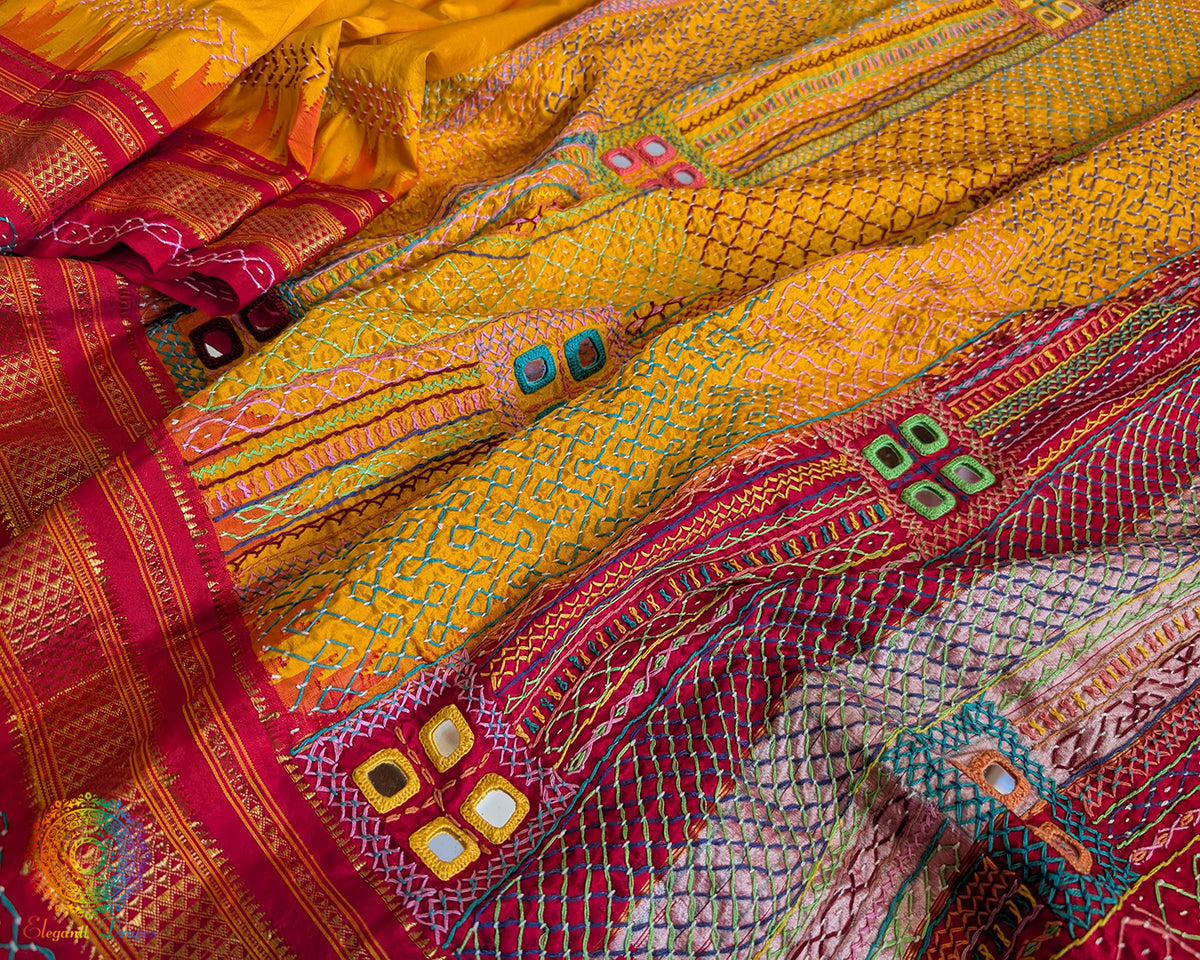 Marigold Yellow Lambani Handwork Pure Ilkal Silk Saree – Ilkal Handloom Saree Online India | Elegantt Drapes