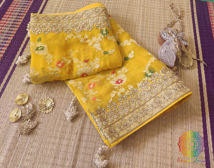 Yellow Banarasi Pure Georgette Gota Embroidered Saree – Handloom Saree Online India | Elegantt Drapes