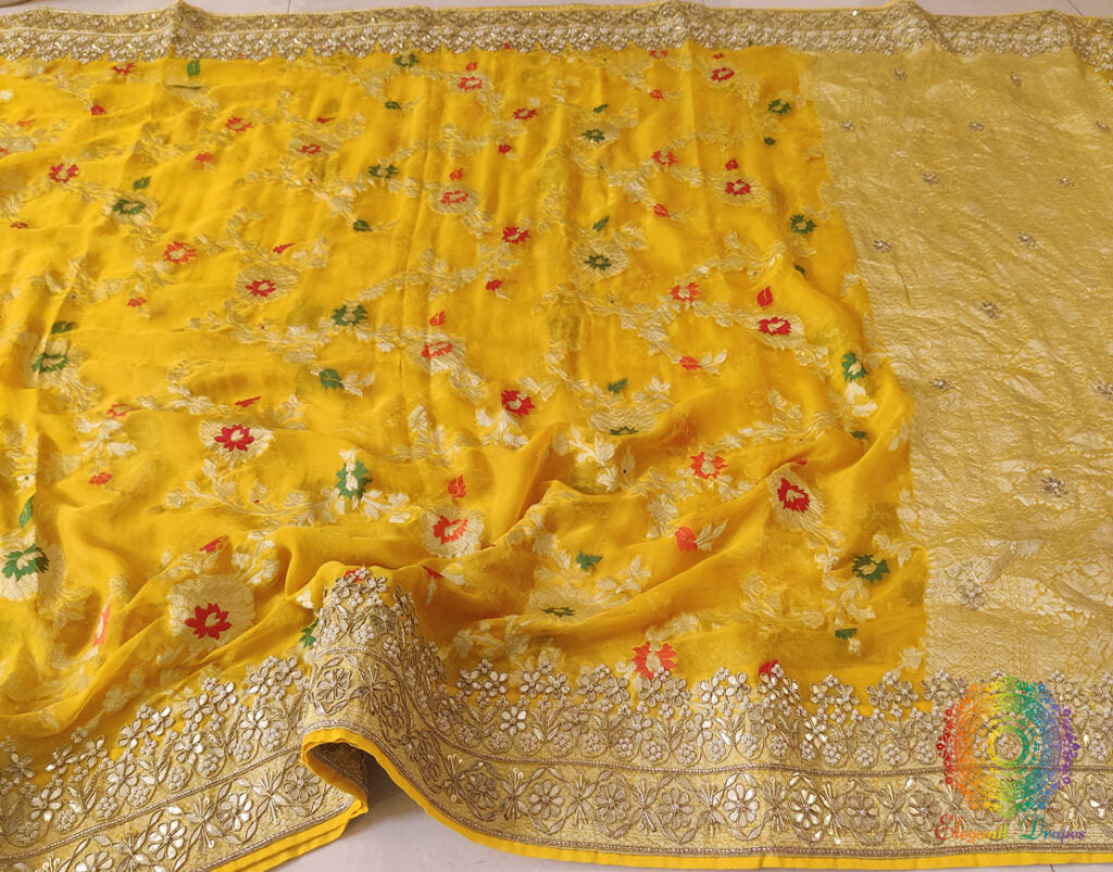 Yellow Banarasi Pure Georgette Gota Embroidered Saree – Handloom Saree Online India | Elegantt Drapes