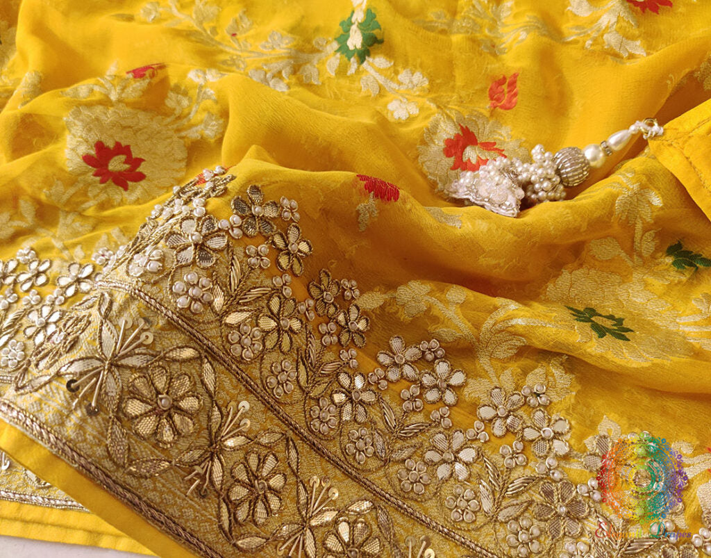 Yellow Banarasi Pure Georgette Gota Embroidered Saree – Handloom Saree Online India | Elegantt Drapes