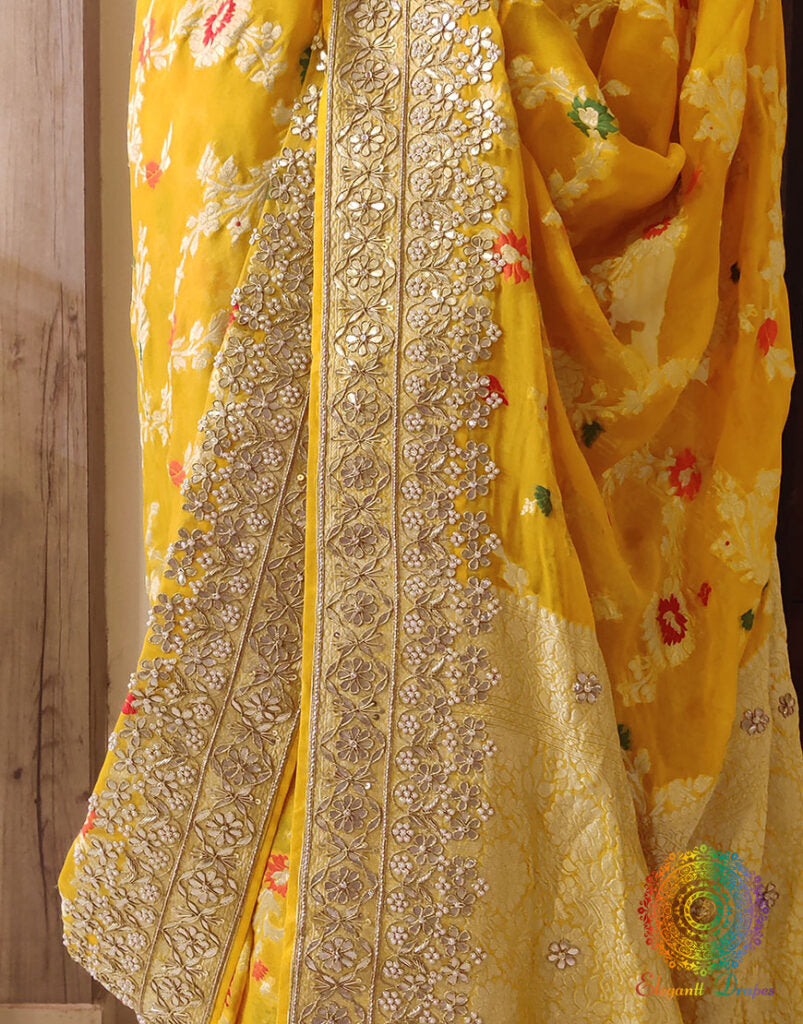 Yellow Banarasi Pure Georgette Gota Embroidered Saree – Handloom Saree Online India | Elegantt Drapes