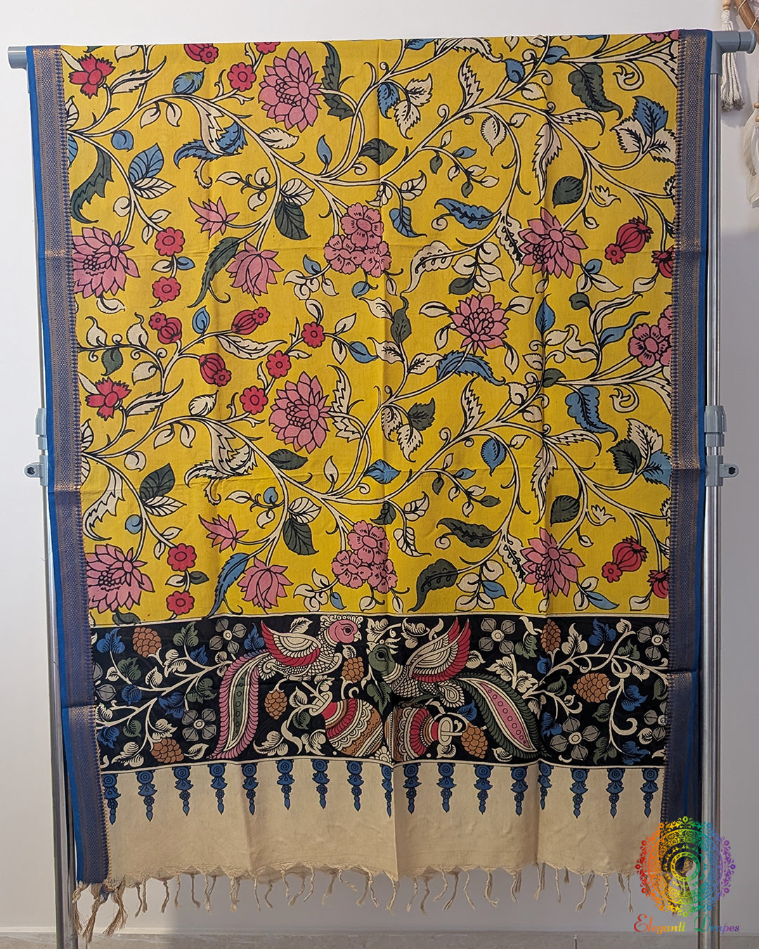 Yellow Pen Kalamkari Bangalore Silk Dupatta – Handloom Saree Online India | Elegantt Drapes