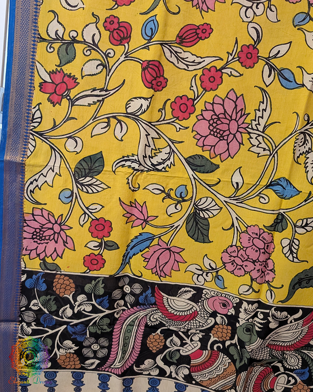 Yellow Pen Kalamkari Bangalore Silk Dupatta – Handloom Saree Online India | Elegantt Drapes