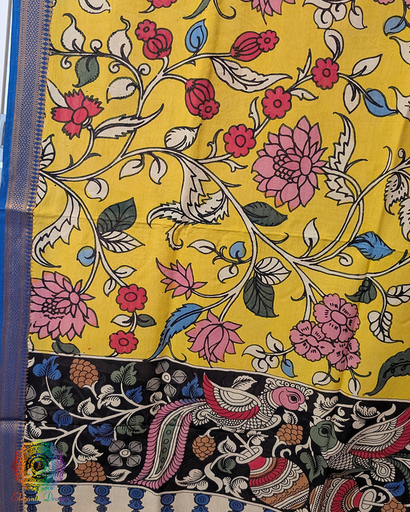 Yellow Pen Kalamkari Bangalore Silk Dupatta – Handloom Saree Online India | Elegantt Drapes