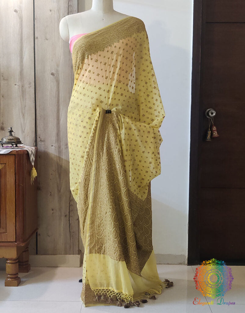 Yellow Banarasi Handloom Pure Khaddi Georgete Saree – Handloom Saree Online India | Elegantt Drapes