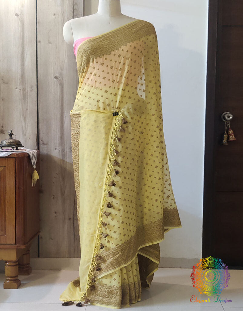 Yellow Banarasi Handloom Pure Khaddi Georgete Saree – Handloom Saree Online India | Elegantt Drapes