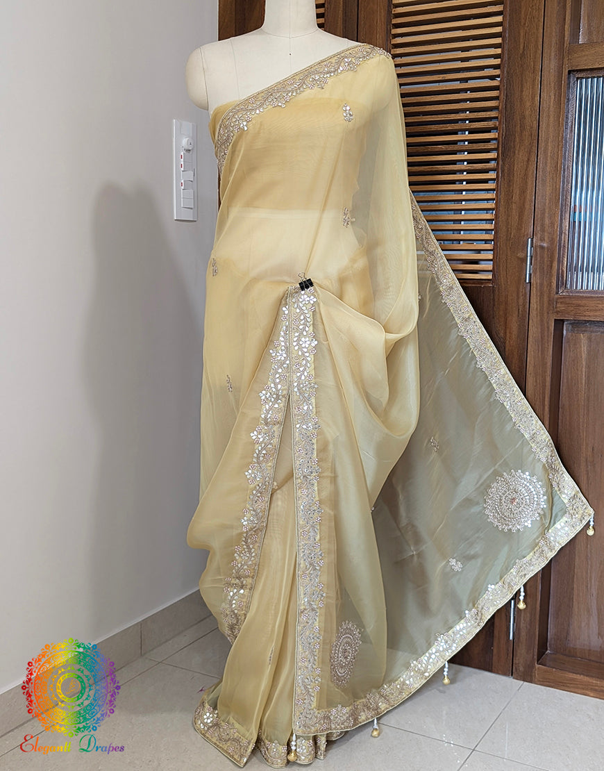 Yellow Tissue Organza Gota Patti Handwork Saree – Handloom Saree Online India | Elegantt Drapes