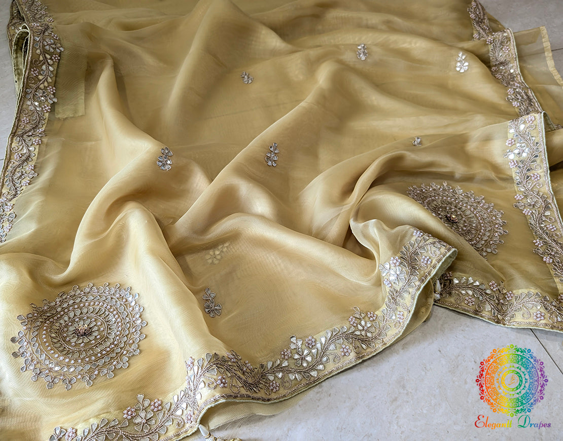 Yellow Tissue Organza Gota Patti Handwork Saree – Handloom Saree Online India | Elegantt Drapes