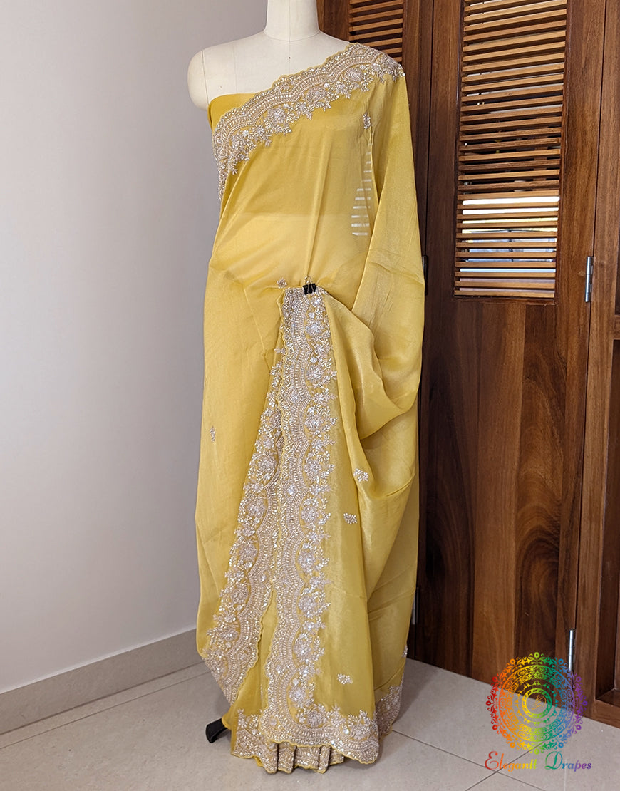 Yellow Tissue Organza Zardozi Handwork Saree – Handloom Saree Online India | Elegantt Drapes