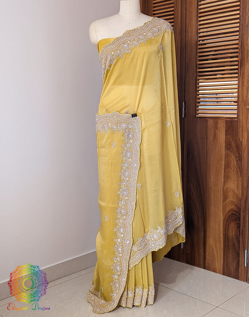 Yellow Tissue Organza Zardozi Handwork Saree – Handloom Saree Online India | Elegantt Drapes