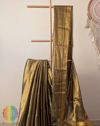Antique gold Bengal tissue linen saree close up