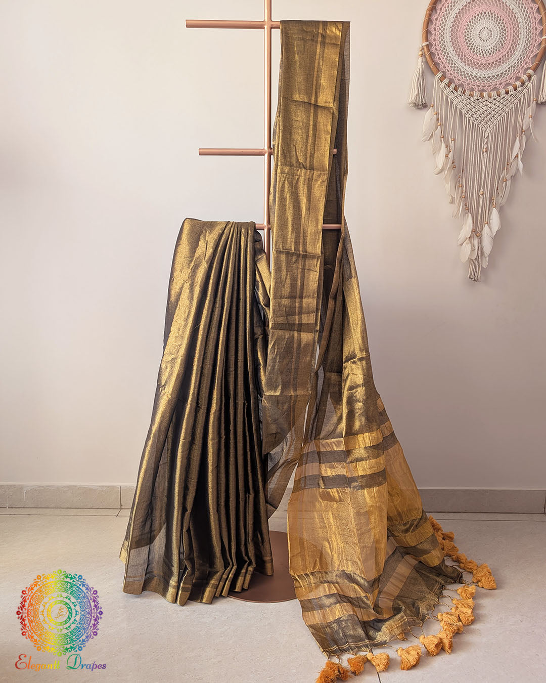 Antique gold Bengal tissue linen saree drape view