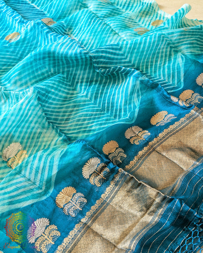Aqua Blue Banarasi Handloom Kora Silk Arashi Shibori Dupatta full view
