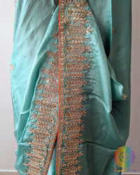 Close-up of Gota Patti and Sequin Handwork on Aqua Blue Satin Crepe Saree pallu