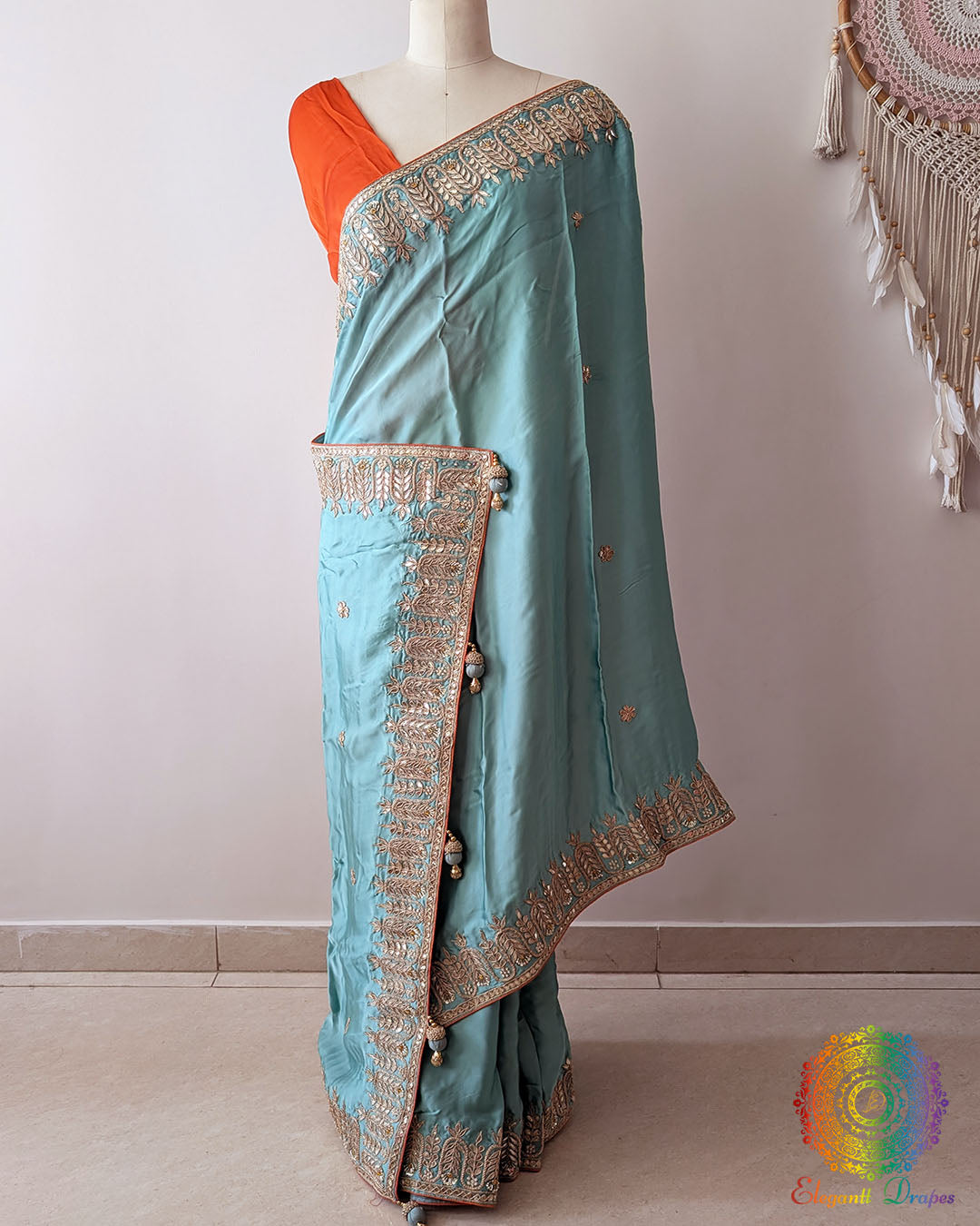 Aqua Blue Satin Crepe Saree with Gota Patti and Sequin Handwork full view
