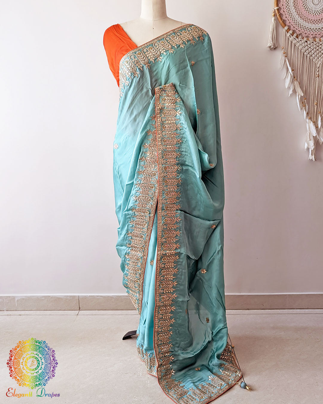 Aqua Blue Satin Crepe Saree pallu drape with Gota Patti Handwork
