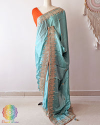 Aqua Blue Satin Crepe Saree pallu drape with Gota Patti Handwork