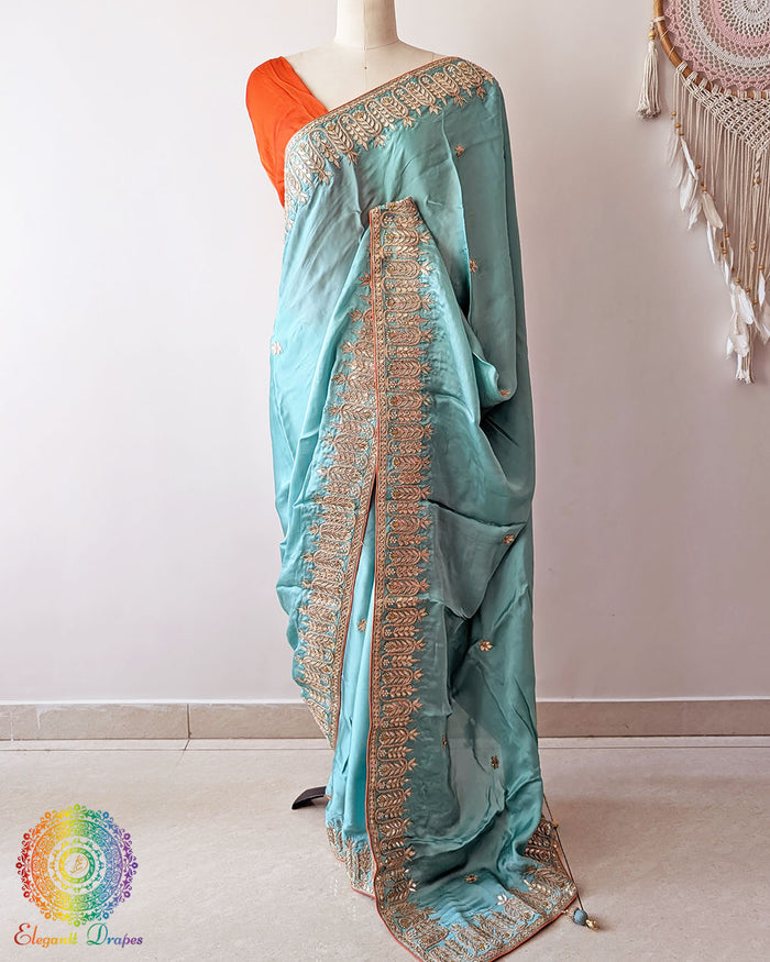 Aqua Blue Satin Crepe Saree pallu drape with Gota Patti Handwork