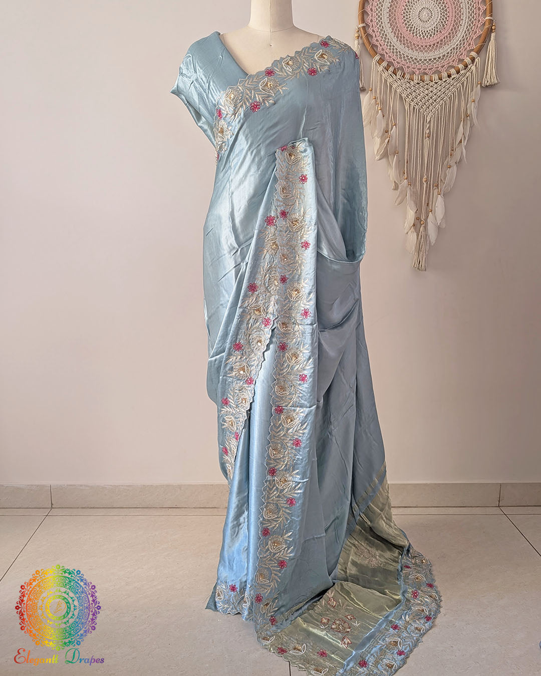 Powder blue Gaji silk dabka handwork saree drape view