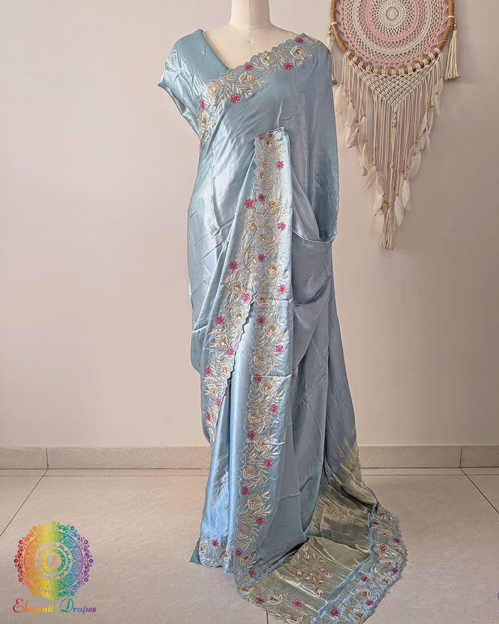 Powder blue Gaji silk dabka handwork saree drape view