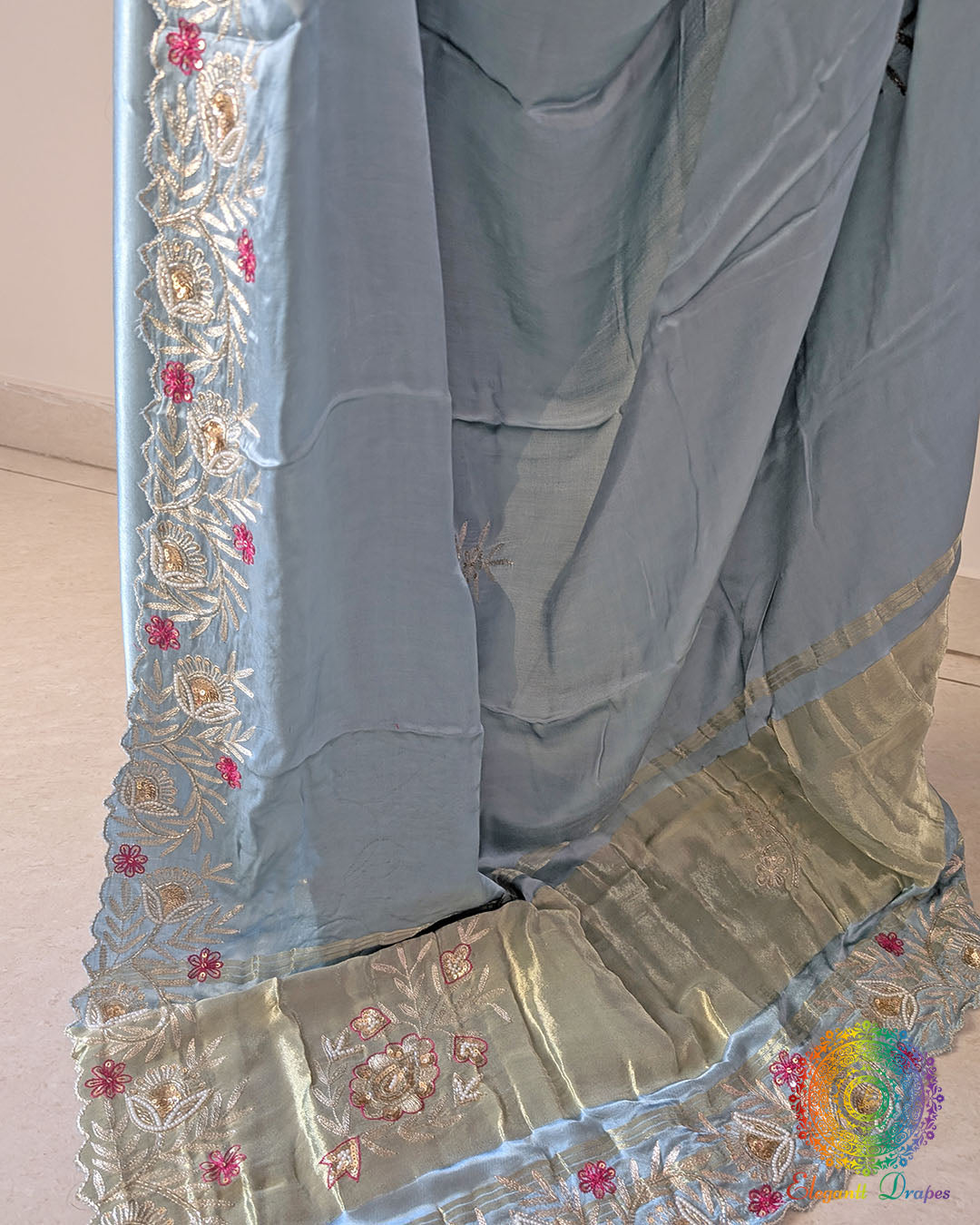 Dabka embroidery detail on powder blue silk saree